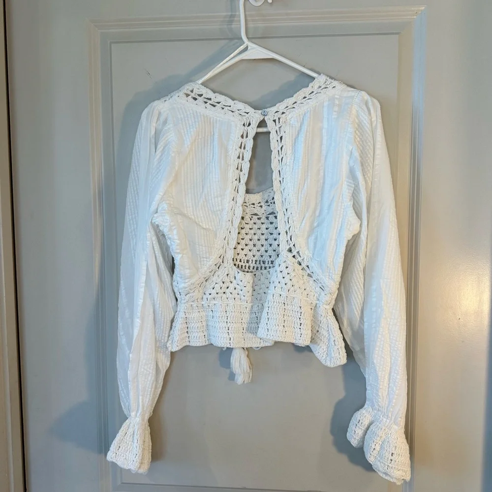 Free People White Megan Crochet Sheer Long Sleeve Boho Festival Crop Top, Small